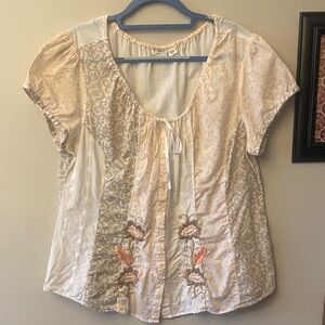 Cato Floral Embroidered Blouse - Cream and Tan